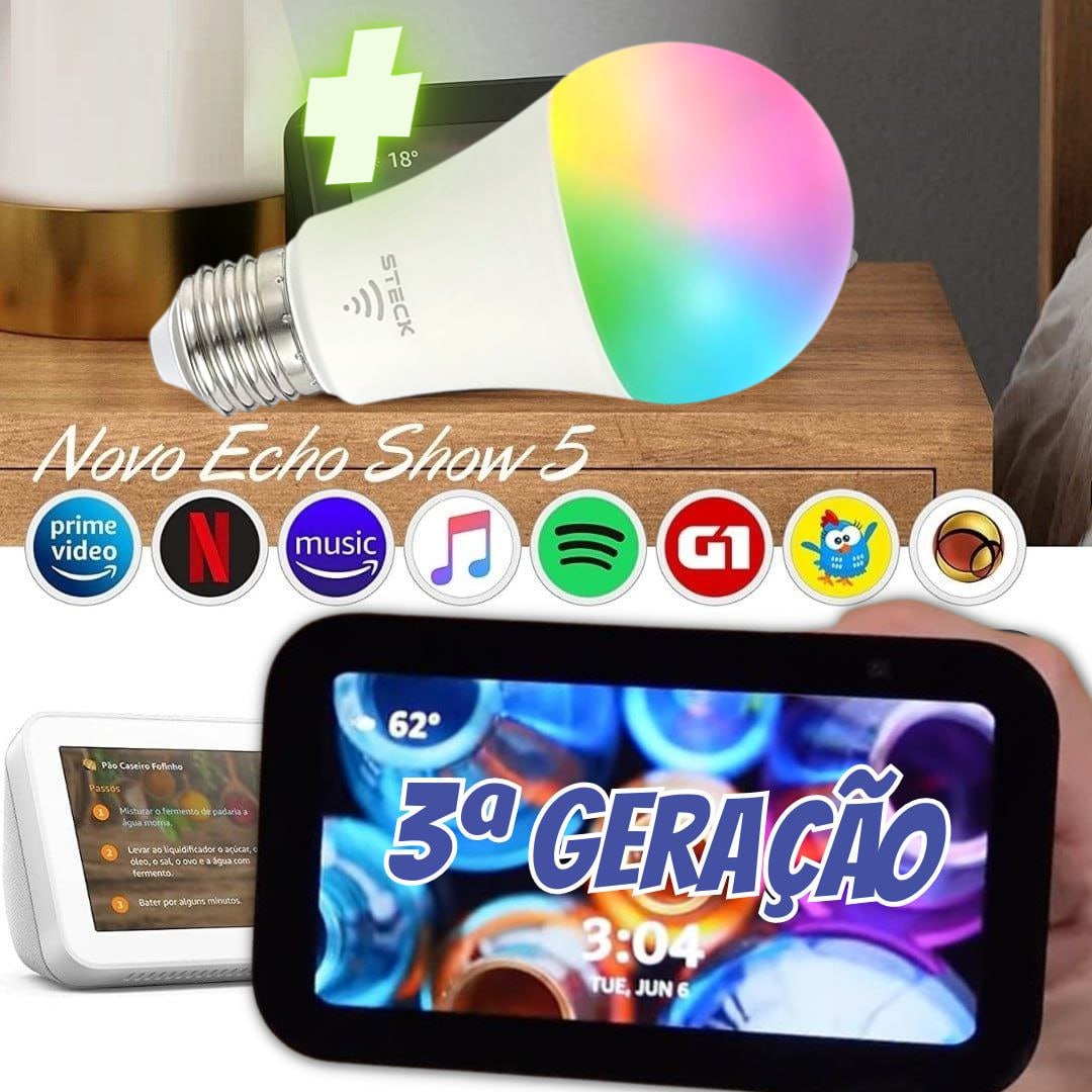 Novo Echo Show 5 (3ª geração – 2023) | Smart display com graves mais potentes e som mais nítido | Cor Preta + Lâmpada Smarteck 12W na Amazon