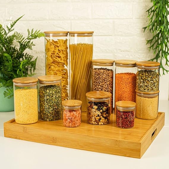 Oikos – Kit 11 Potes de Vidro com Tampa de Bambu Herméticos Redondos na Amazon