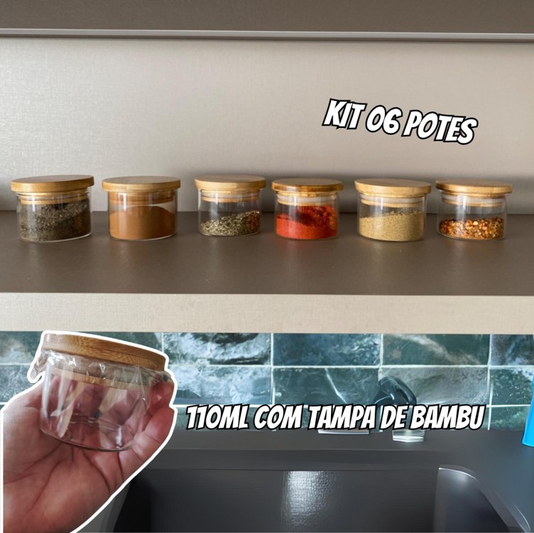 Oikos – Kit 6 Potes de Vidro 110ml com Tampa de Bambu Hermético Redondo para Tempero na Amazon
