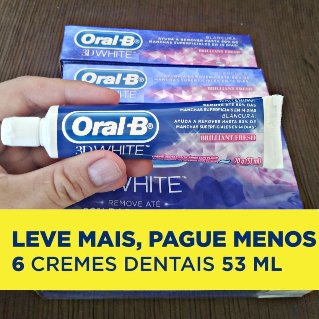 Oral-B Pasta de Dente 3D White Brilliant Fresh, Clareador Avançado com Micropartículas Clareadoras, Elimina até 80% das manchas superficiais 53 ml, 6 Unidades na Amazon