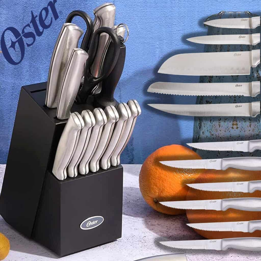 Oster Bloco de madeira e facas Baldwyn, aço inoxidável, 14 peças, cetim escovado na Amazon