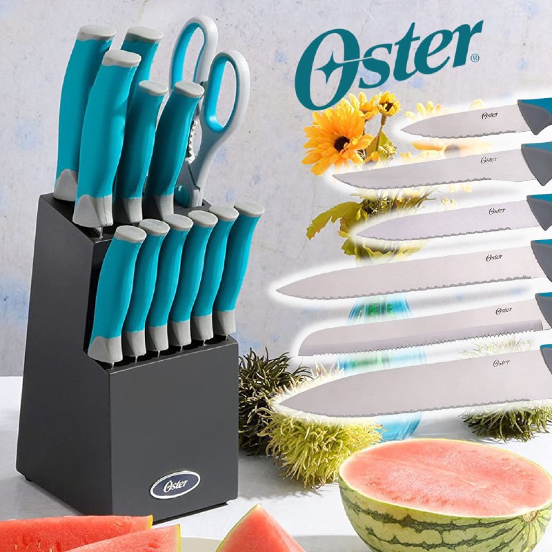 Oster Conjunto de facas Lindbergh, aço inoxidável, 14 peças, azul-petróleo e preto na Amazon