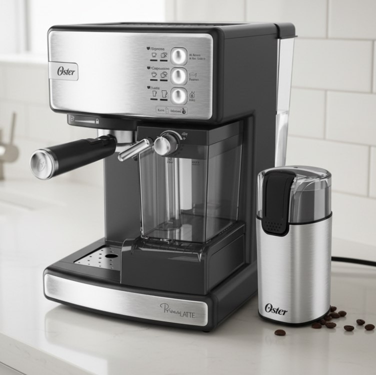 Oster Kit Cafeteira Nova PrimaLatte Inox e Moedor de Café Elétrico Inox Oster – 220V na Amazon