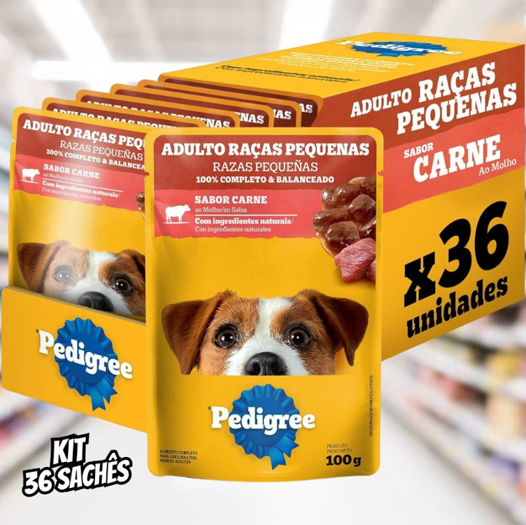 Pack de Ração Úmida Pedigree Sachê Carne ao Molho para Cães Adultos de Raças Pequenas, 36 sachês de 100 g na Amazon