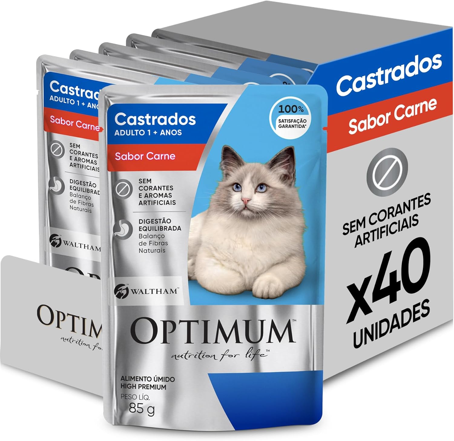 Pack Ração Úmida Optimum Sachê para Gatos Adultos Castrados Sabor Carne 85g – 40 unidades na Amazon