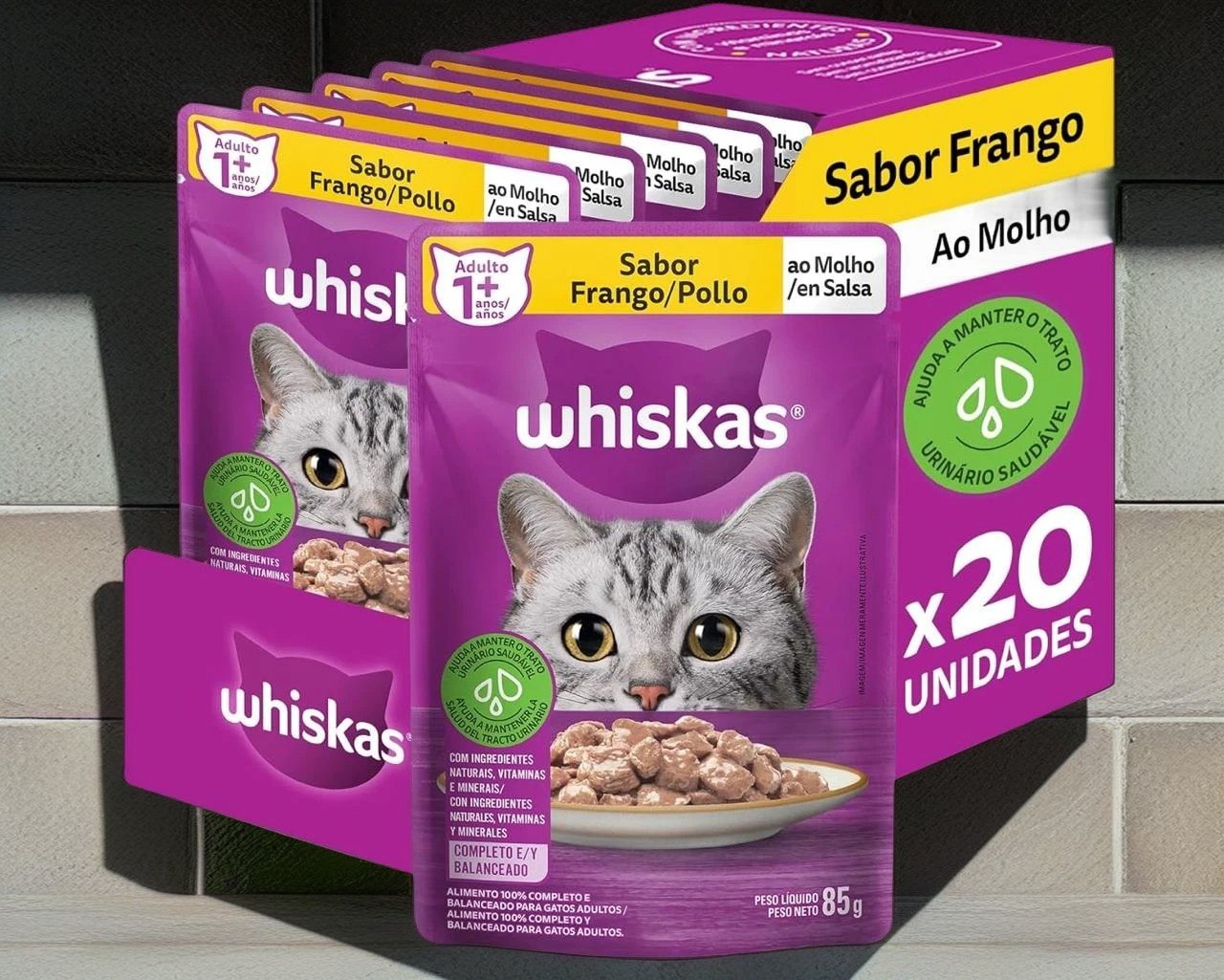 Pack Ração Úmida Whiskas Sachê Frango ao Molho para Gatos Adultos 85 g – 20 unidades na Amazon