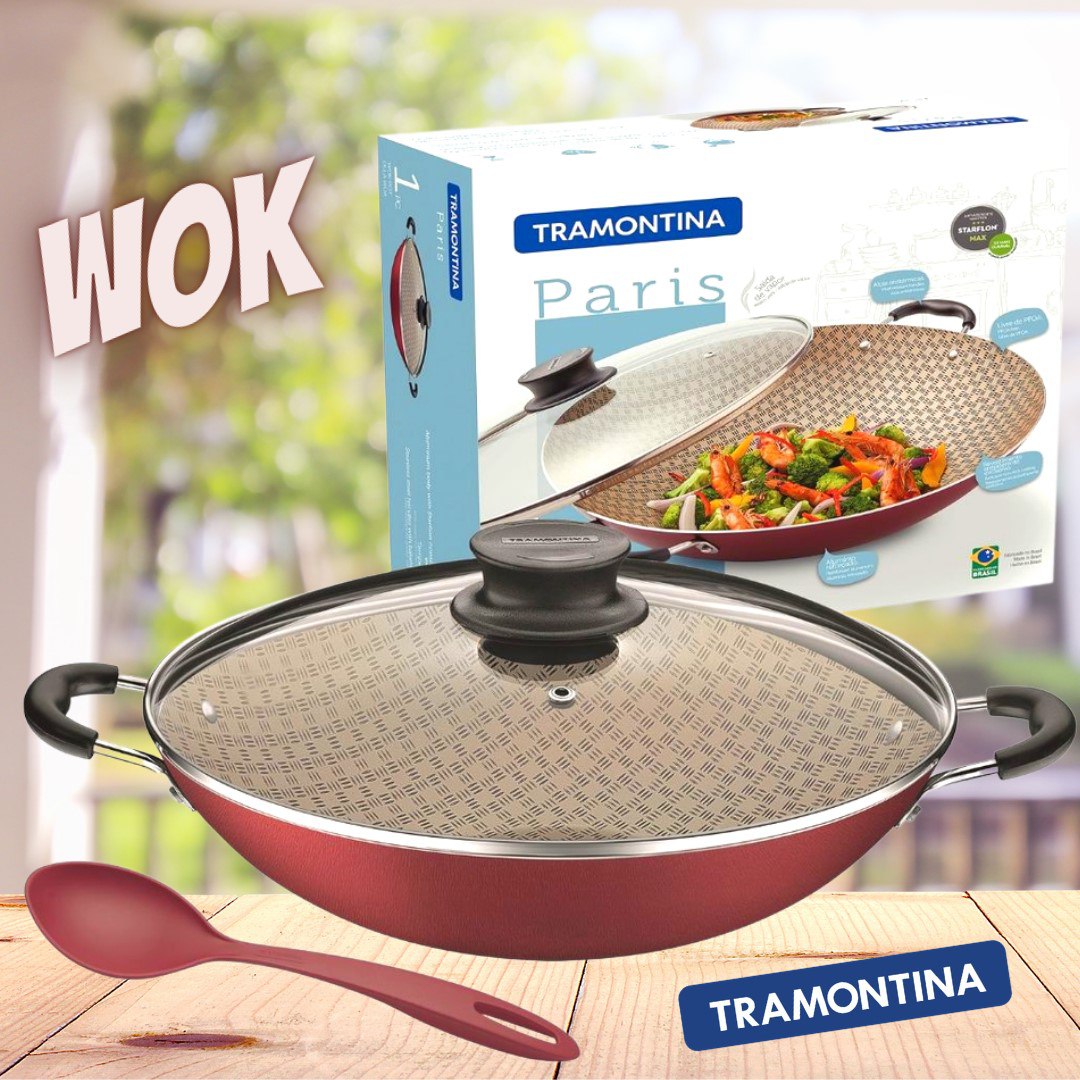 Panela Wok Tramontina Paris Antiaderente Tampa de Vidro 32cm 4,4 L com Colher Vermelha na Casas Bahia