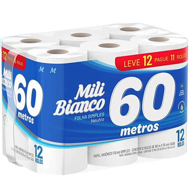 Papel Higiênico Folha Simples 60m Neutro L12P11 pacote com 12 rolos na Amazon