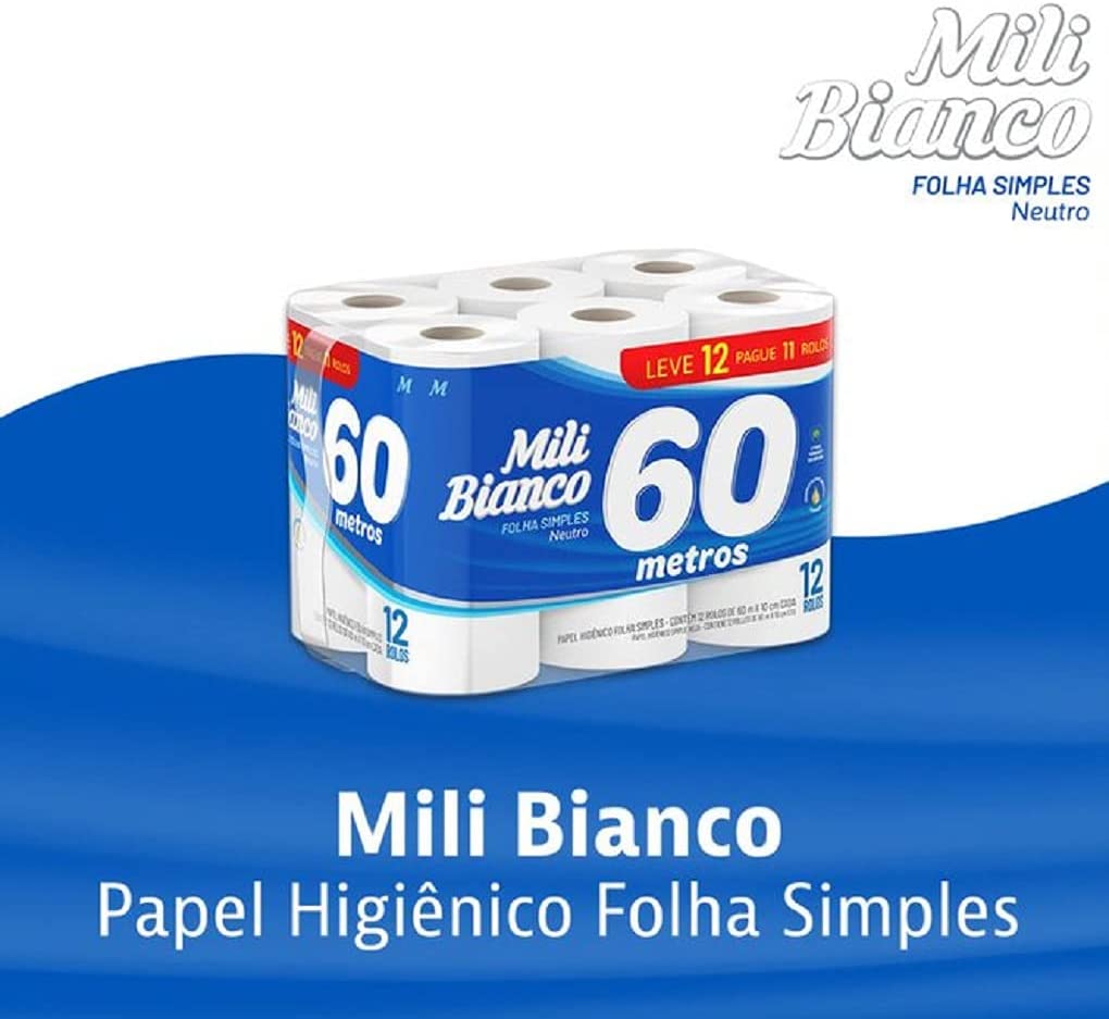 Papel Higiênico Folha Simples 60m Neutro L12P11 pacote com 12 rolos na Amazon