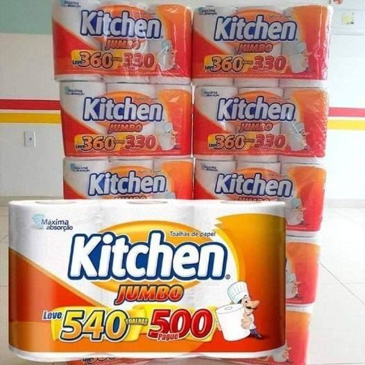 Papel Toalha Kitchen Jumbo Folha Dupla - Pack com 3 rolos de 180 unidades de 19x22 cm cada na Amazon