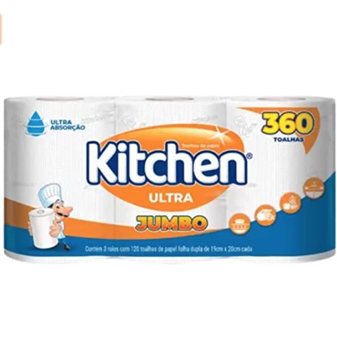 Papel Toalha Kitchen Jumbo Folha Dupla – Pack com 3 rolos de 120 unidades de 19×20 cm cada na Amazon