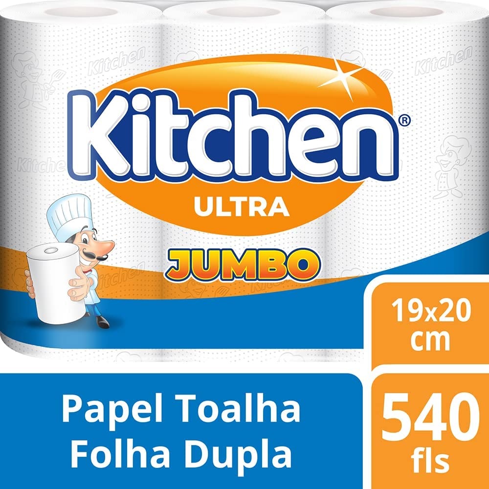 Papel Toalha Kitchen Jumbo Folha Dupla – Pack com 3 rolos de 180 unidades de 19×22 cm cada na Amazon