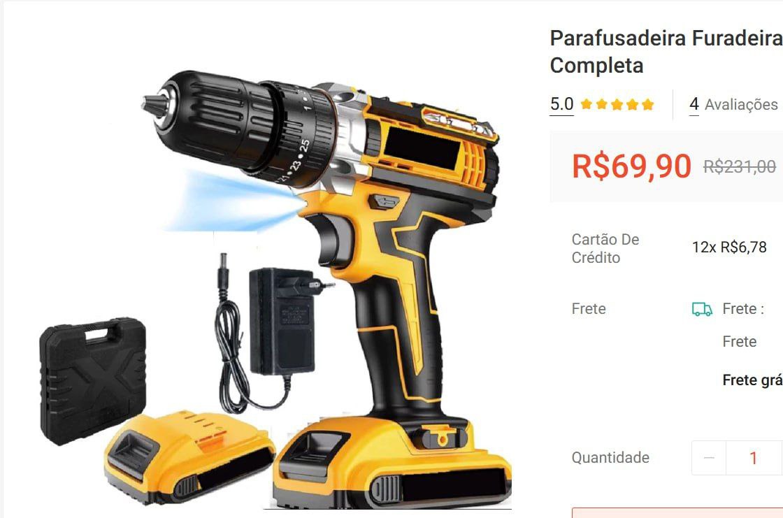 Parafusadeira Furadeira Sem Fio 48V 340W 1550 RPM Com Maleta Completa na Shopee