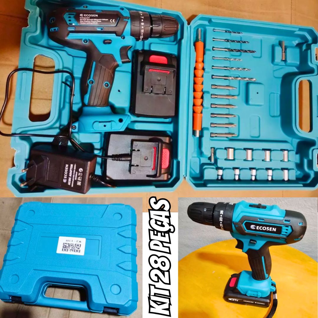 Parafusadeira/Furadeira 21V C/ Kit Maleta COM DUAS BATERIAS Kit de 28pcs na Shopee