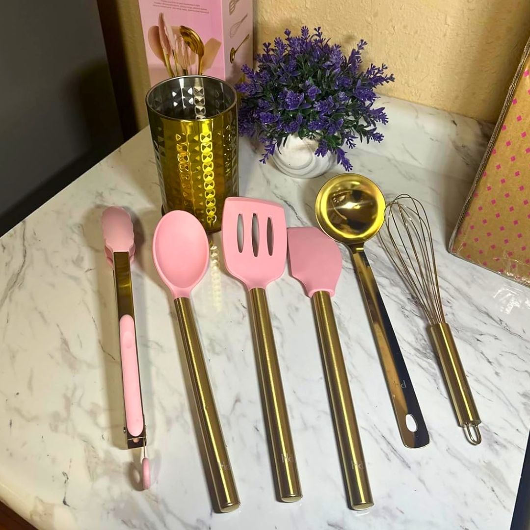 Paris Hilton Conjunto de utensílios de cozinha com utensílios de cozinha de silicone, batedor e concha de aço inoxidável, 7 peças, rosa e dourado na Amazon