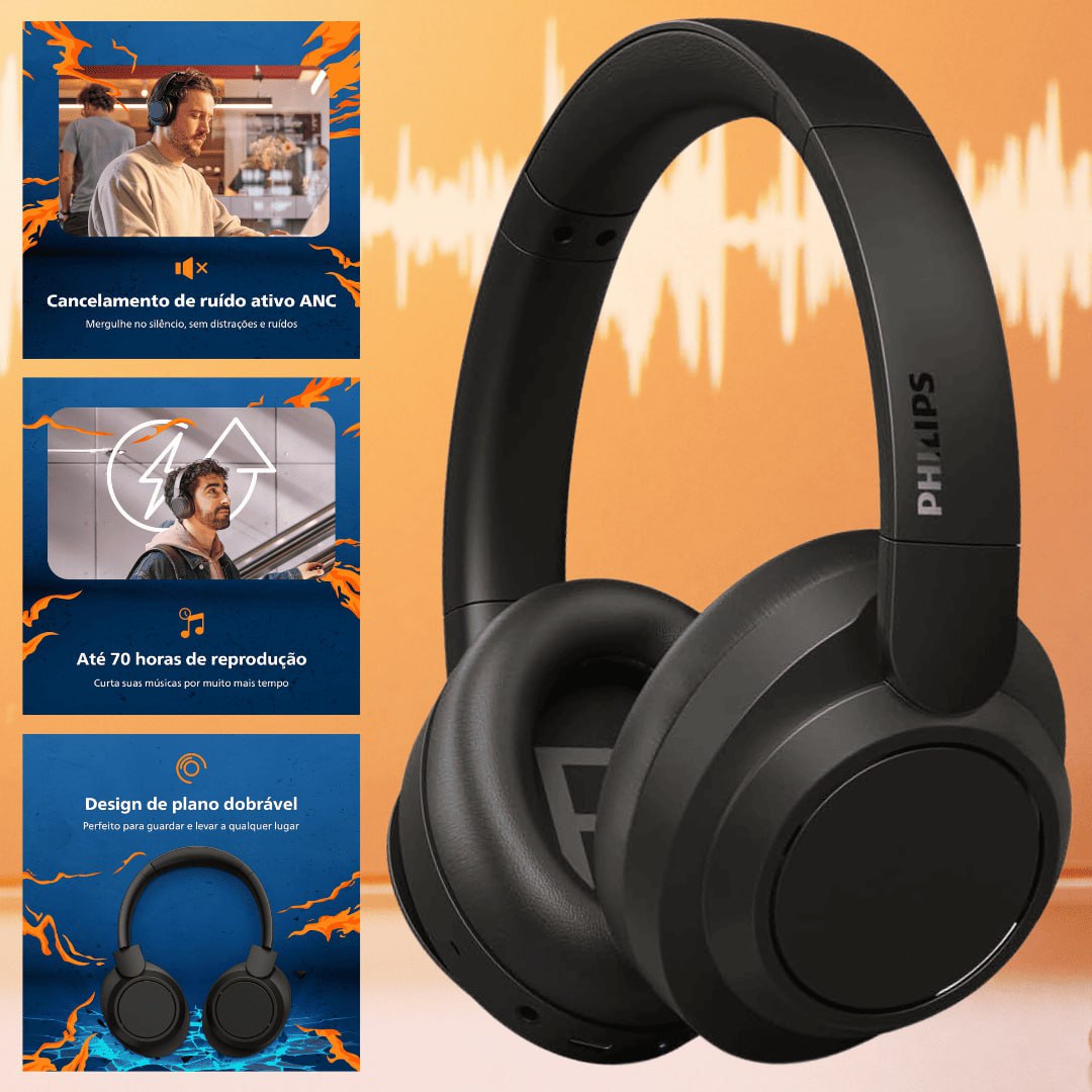 PHILIPS, Headphone Bluetooth, TAH6509BK/00, Com Cancelamento de Ruído Ativo ANC, Até 70 horas de bateria, Preto na Amazon