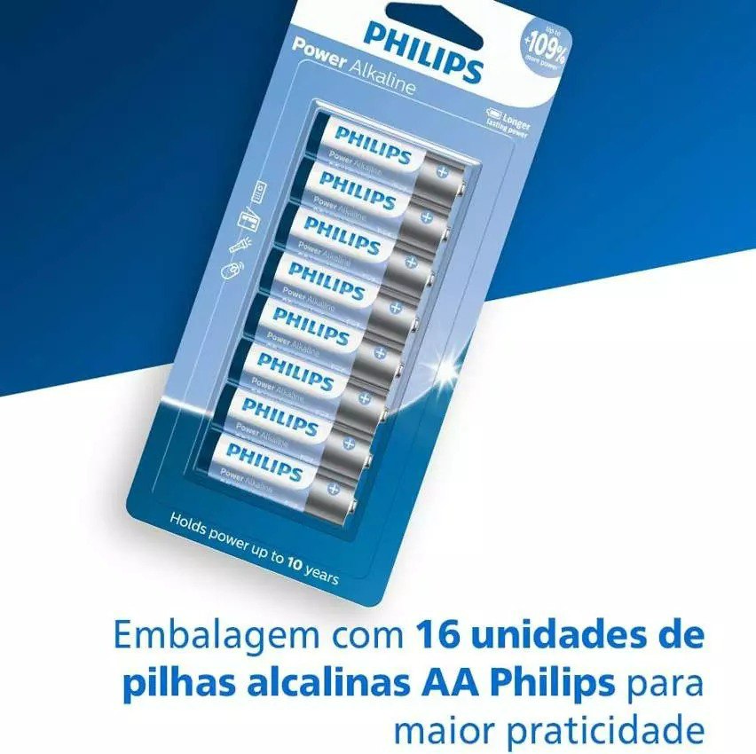 PHILIPS Pilha alcalina AA 1.5V com 16 unidades LR6P16B/59, Azul, branco e prata, padrão na Amazon