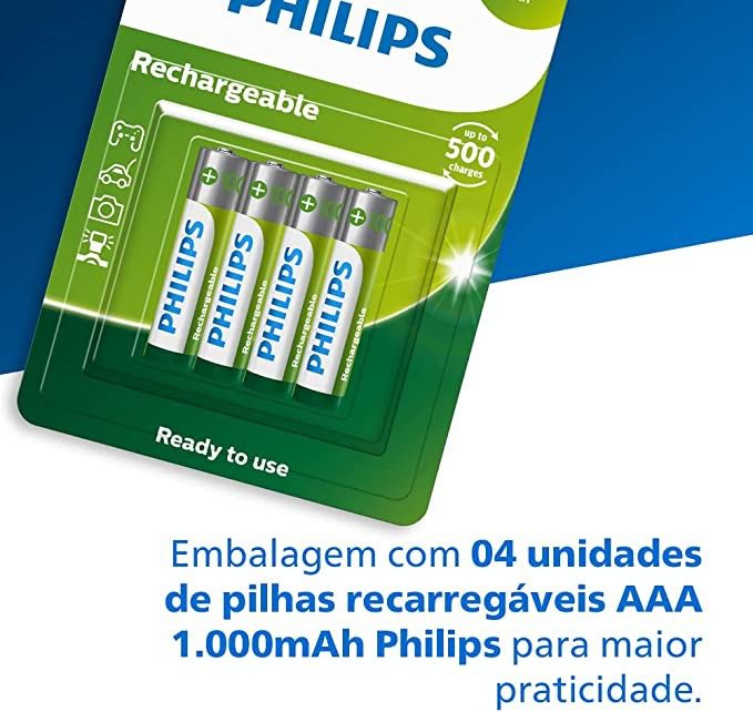 Pilha recarregável AAA 1.2V 1.000mAh, PHILIPS, padrão, R03B4RTU10/59 na Amazon