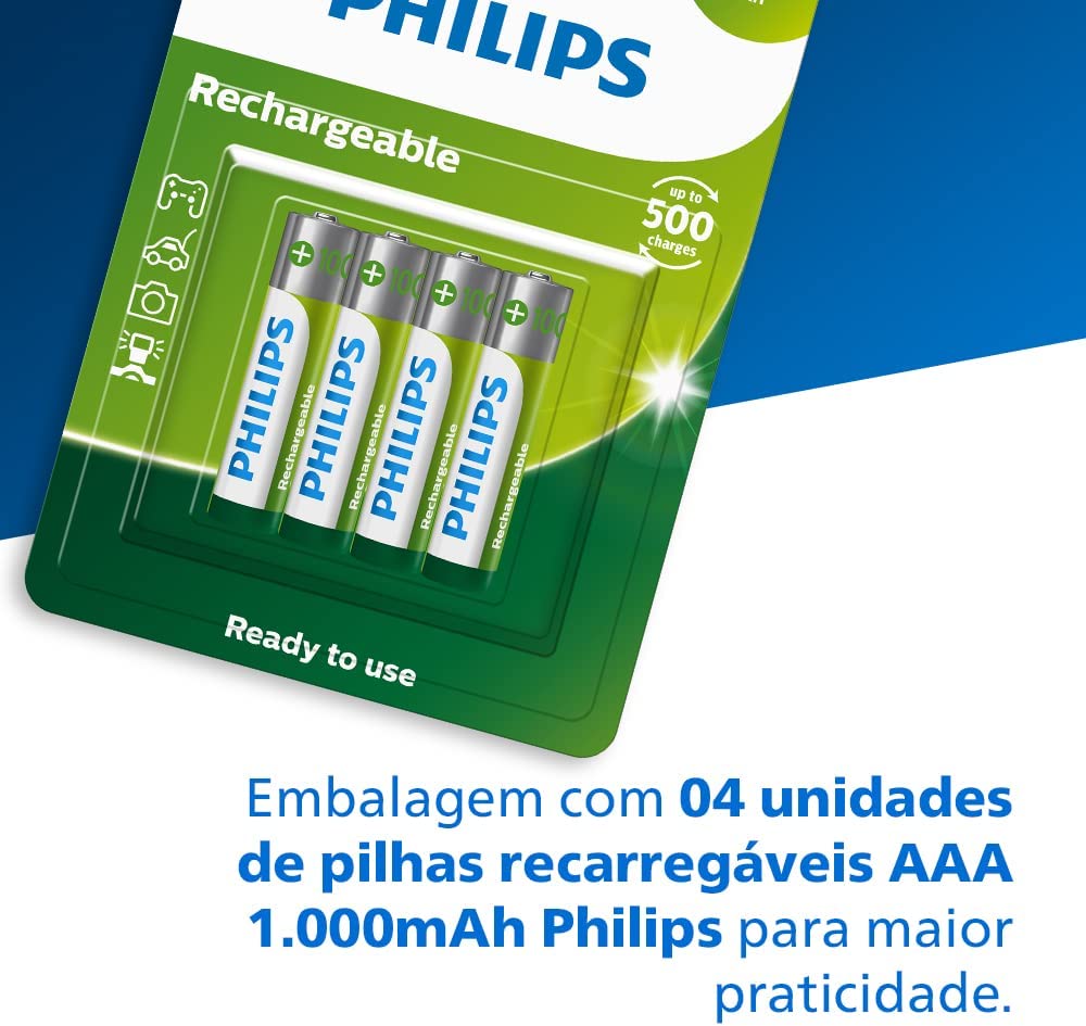Pilha recarregável AAA 1.2V 1.000mAh, PHILIPS, padrão, R03B4RTU10/59 na Amazon