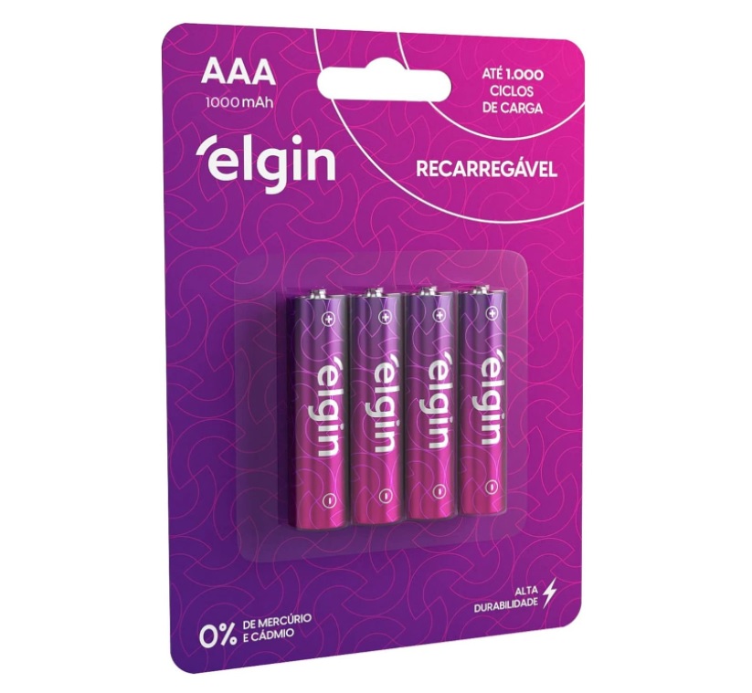 Pilha Recarregável AAA Blister Com 4 Pilhas, Elgin, Baterias, 1000mAh na Amazon
