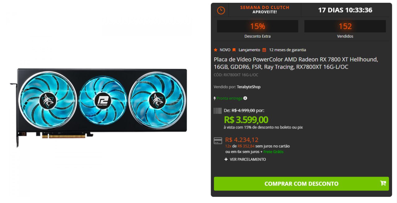 Placa de Vídeo PowerColor AMD Radeon RX 7800 XT Hellhound, 16GB, GDDR6, FSR, Ray Tracing, RX7800XT 16G-L/OC na Terabyte Shop
