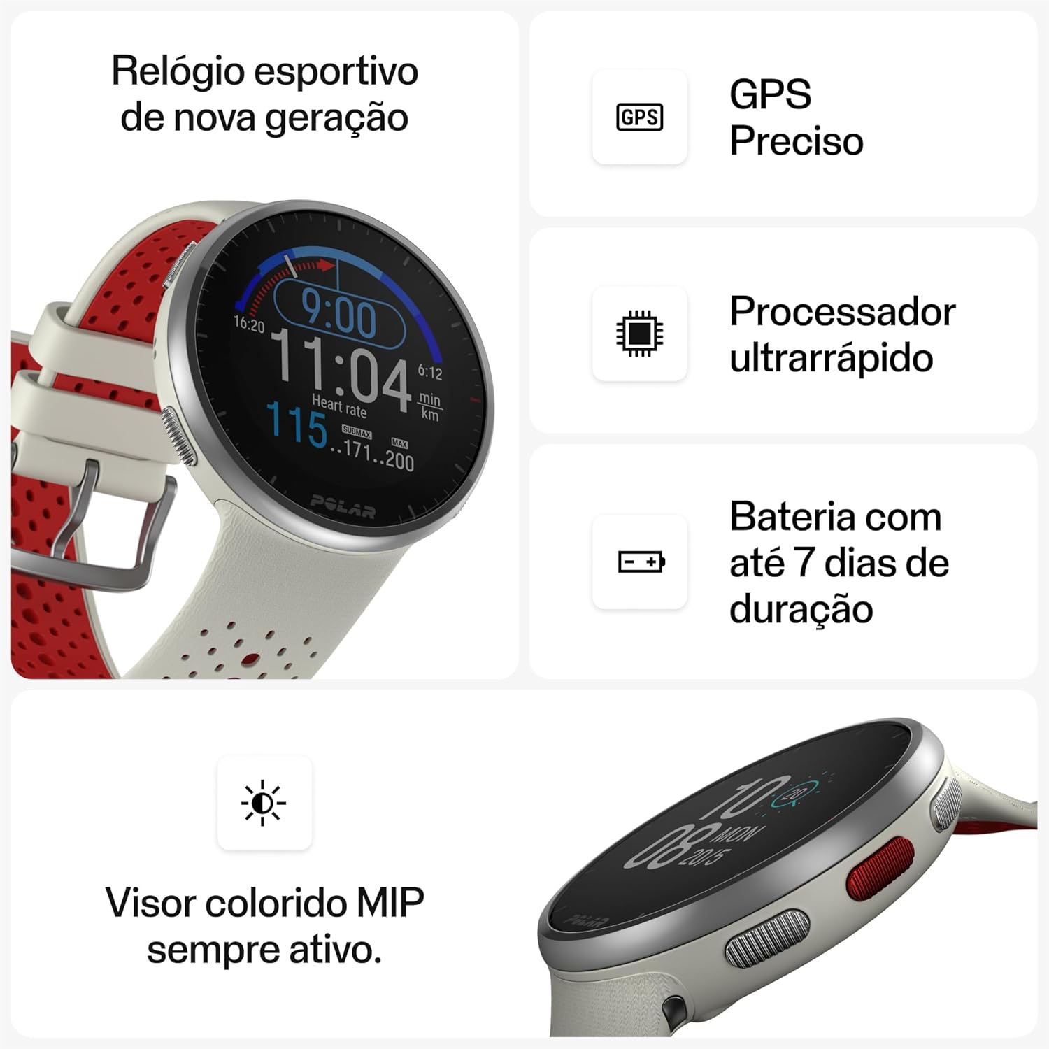 Polar Pacer Pro Branco e Vermelho – Relógio com GPS avançado, Design ultraleve e botões aderentes, Programas de treino e recuperação, Monitor de FC, Contraste de tela aprimorado, Controles de música na Amazon