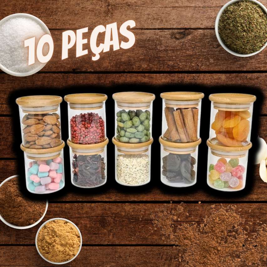 Potes de Vidro P/ Mantimentos C/ Tampa Bambu 200ml – 10 Pçs Oikos na Magazine Luiza