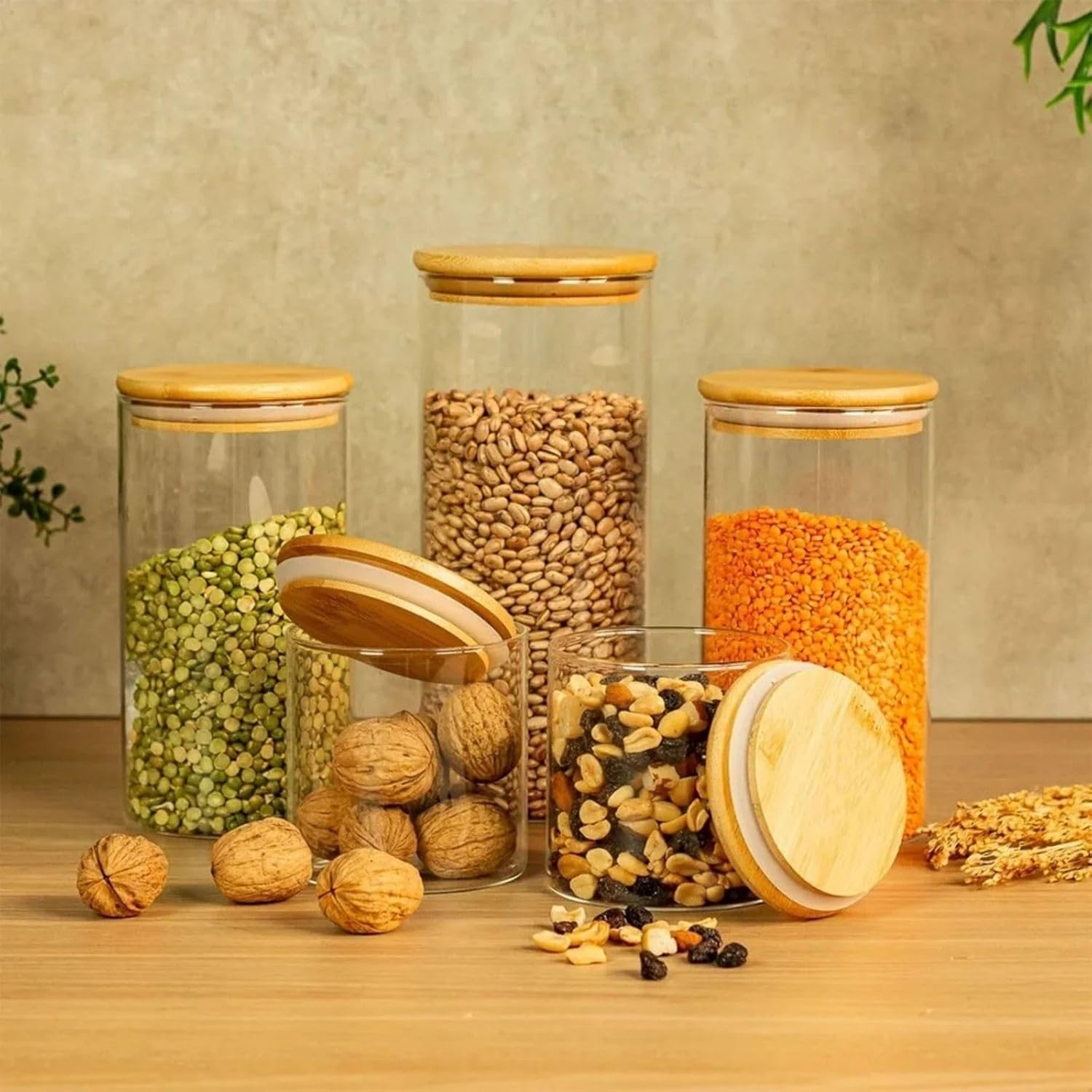 Potes Herméticos de Vidro com Tampa Bambu Porta Mantimentos Transparente Kit 5 Unidades na Amazon