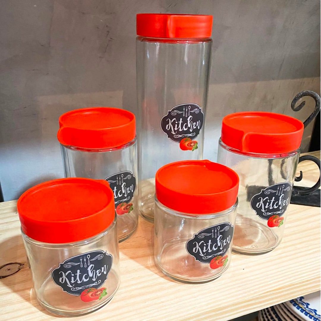 Potes Herméticos de Vidro Kitchen Vermelho 5 Peças - Casambiente na Casas Bahia