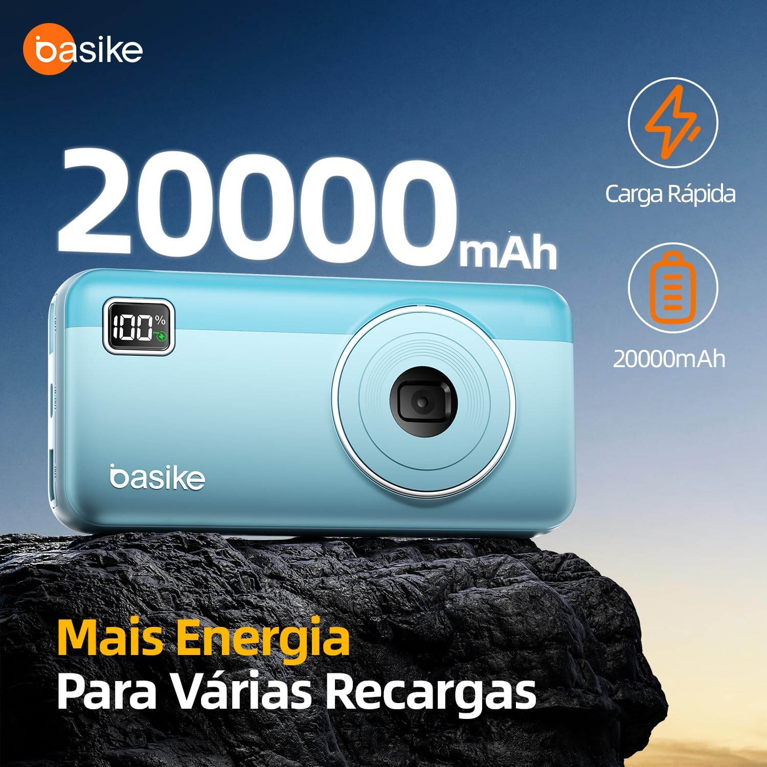 Power Bank 20000mAh, Basike Carregador Portátil 2 Saídas USB-A(até 22.5W) + Tipo-C(até 22.5W) com Cabo, Carregamento Rápido, Led Indicador de Bateria Proteção Inteligente na Amazon