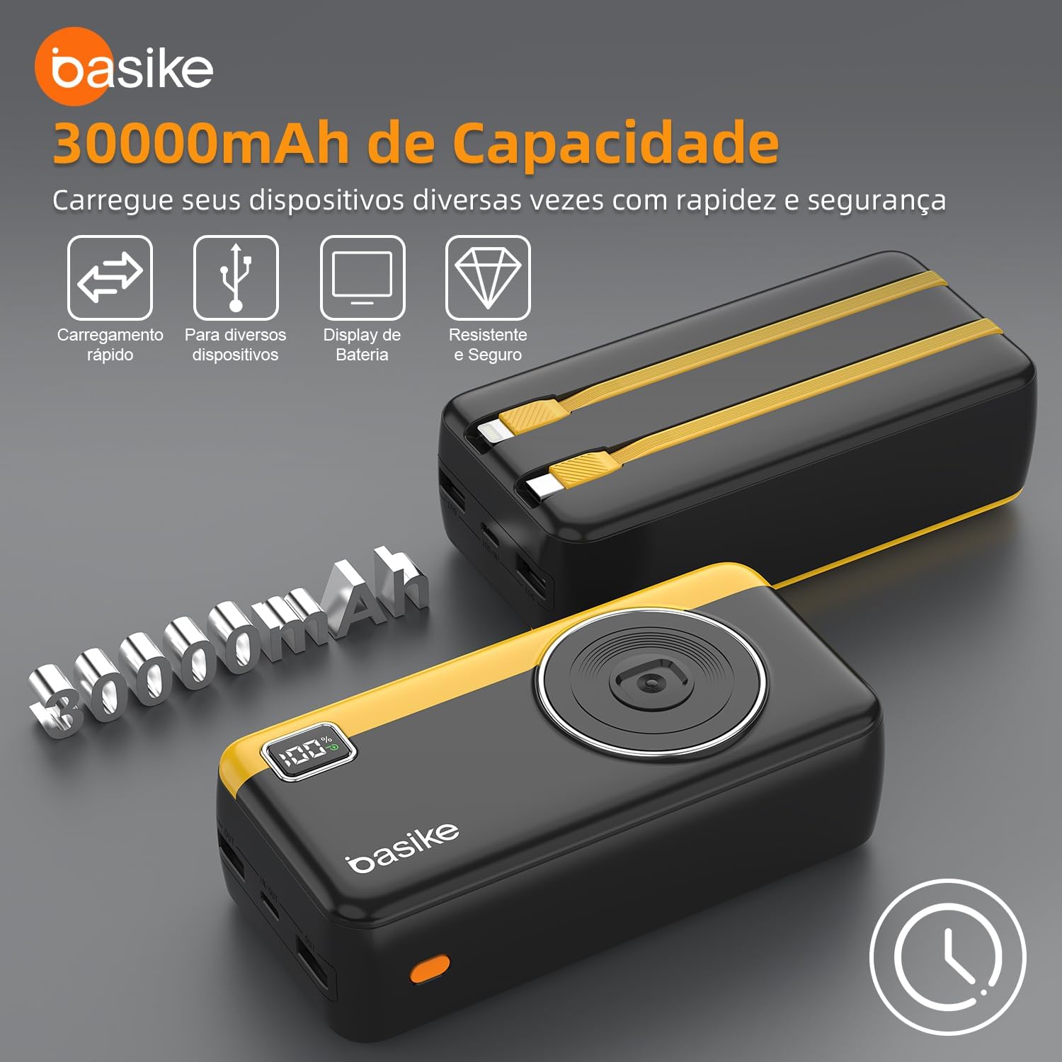 Power Bank 30000mAh, Basike Carregador Portátil 2 Saídas USB-A(até 22.5W) + Tipo-C(até 22.5W) com Cabo, Carregamento Rápido, Led Indicador de Bateria Proteção Inteligente na Amazon