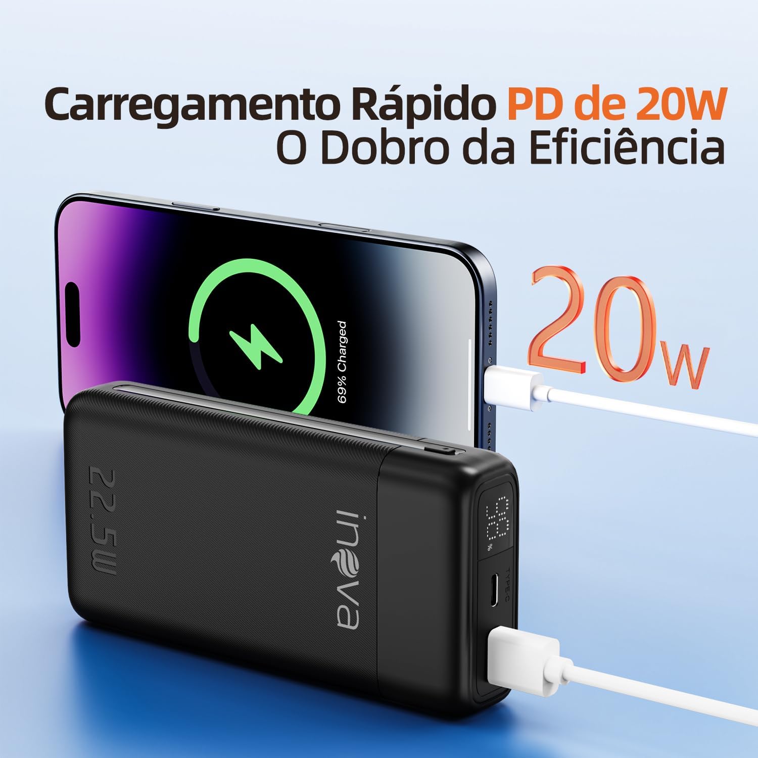 Power Bank, Carregador Portátil de 20000mAh com Carga Rápida, Múltiplas Portas, Design Leve e Proteção Inteligente para Dispositivos iOS e Android/USB/Type-C/Preto/(MD-30277) na Amazon