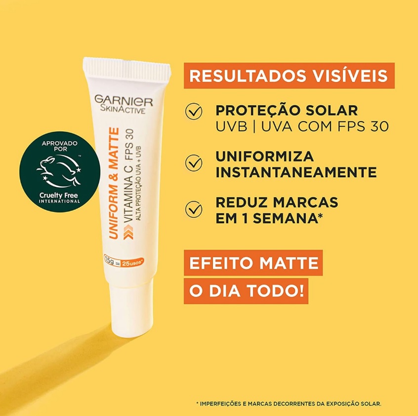 Protetor Hidratante Facial Garnier Uniform & Matte Vitamina C FPS 30, 15g na Amazon