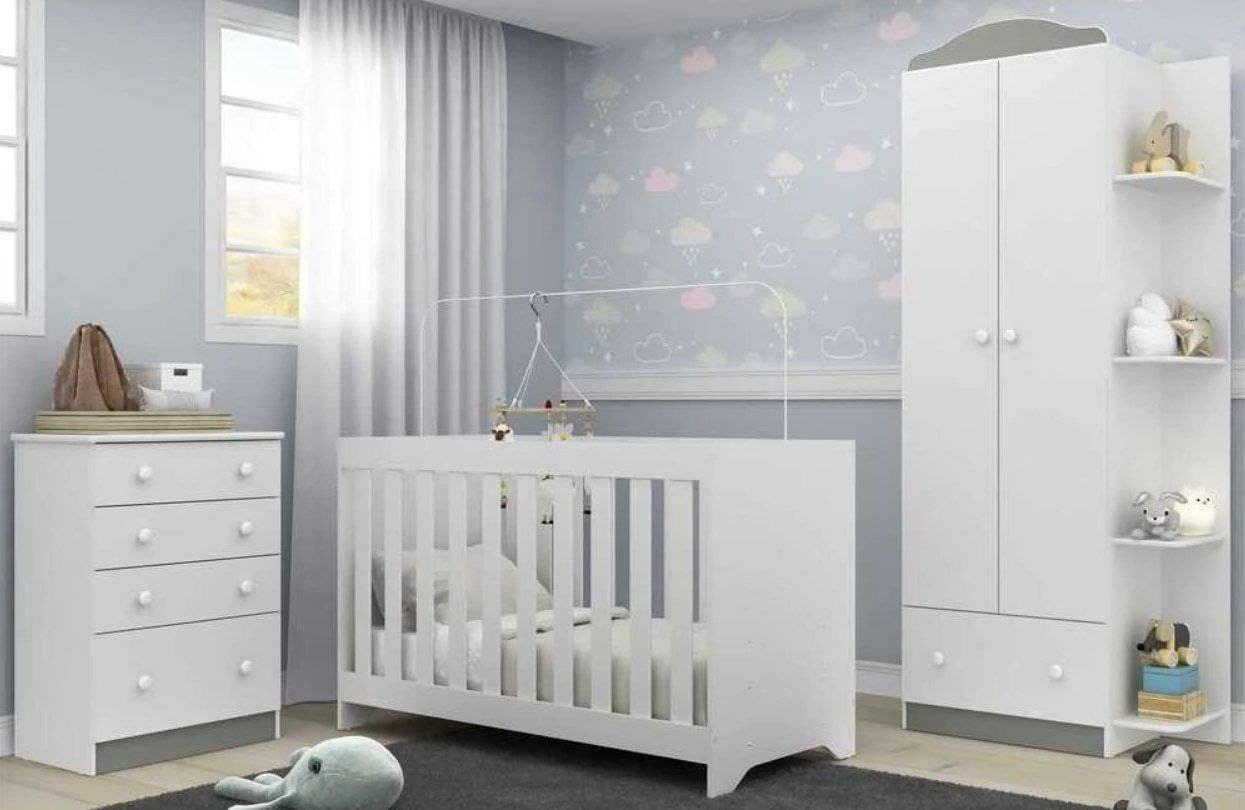 Quarto Infantil Completo João e Maria com berço 3 em 1 + colchão Multimóveis + Roupeiro e cômoda Branco na Casas Bahia