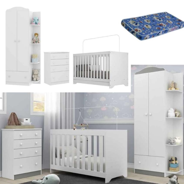 Quarto Infantil Completo João e Maria com berço 3 em 1 + colchão Multimóveis + Roupeiro e cômoda Branco na Casas Bahia