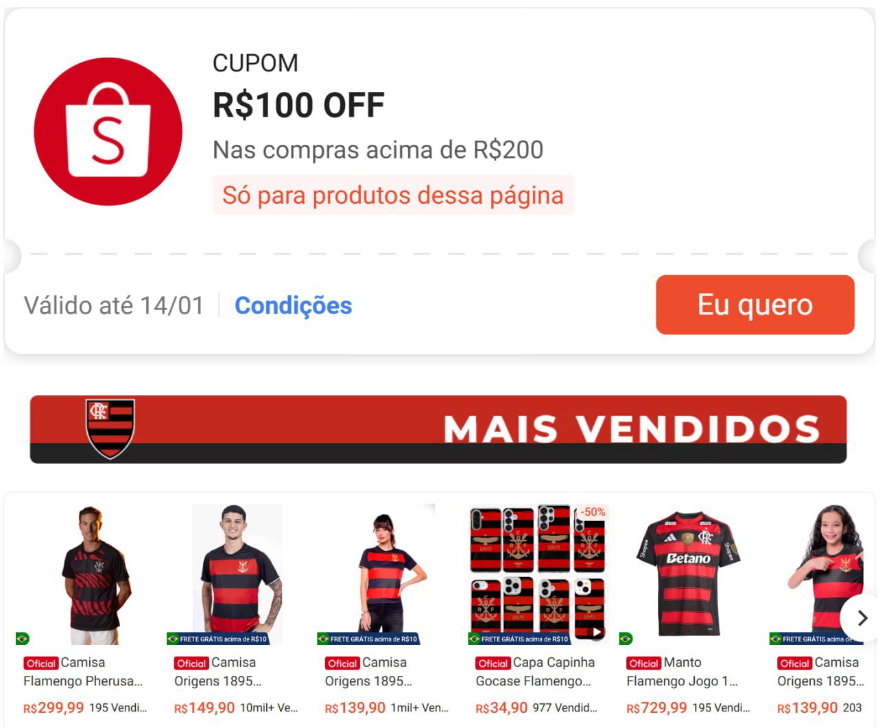 R$ 100 OFF em R$ 200 para produtos da página na Shopee