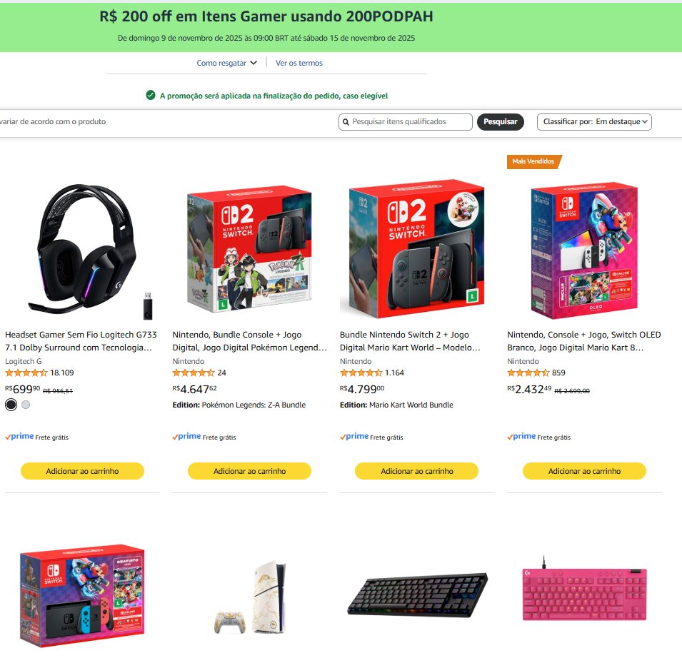 R$ 200 off em Itens Gamer usando 200PODPAH na Amazon
