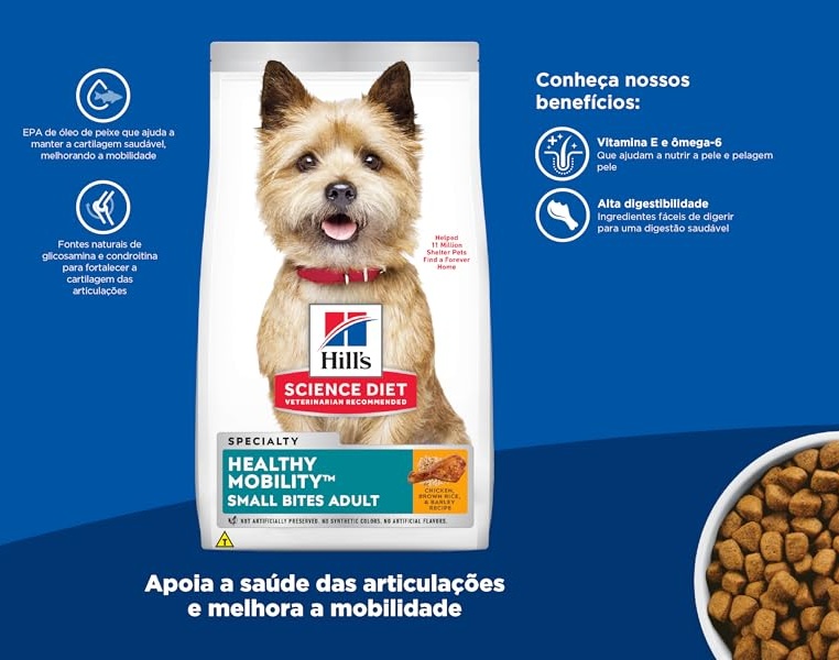 Ração Hill’s Science Diet Mobilidade Saudável Pedaços Pequenos para Cães Adultos Sabor Frango – 1.81kg na Amazon