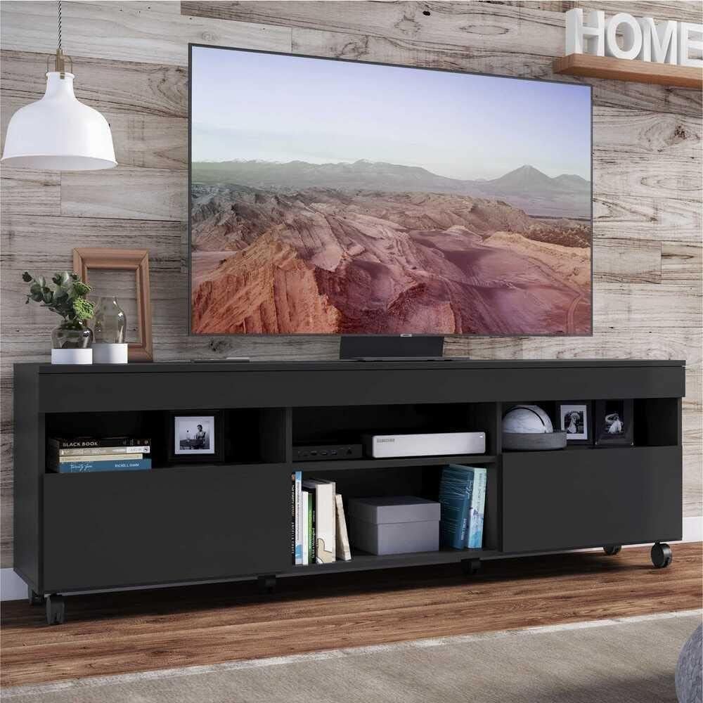 Rack Tv 65″ com Rodízios e 2 Portas Paris Multimóveis Preto na Amazon