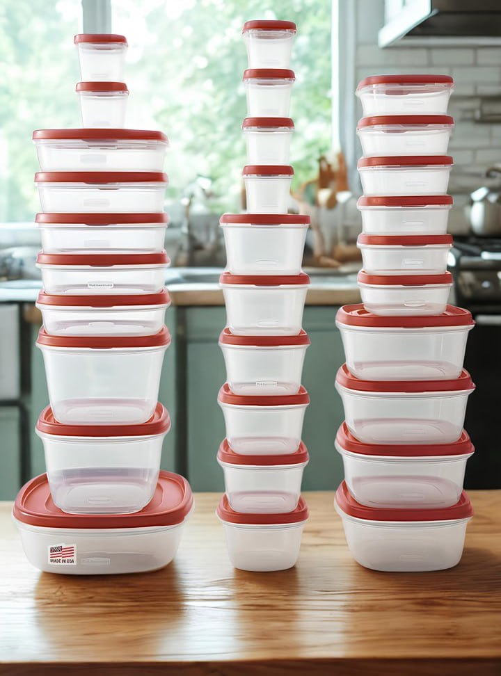 Recipientes para alimentos Rubbermaid, 60 peças com tampas, transparente e vermelho na Amazon