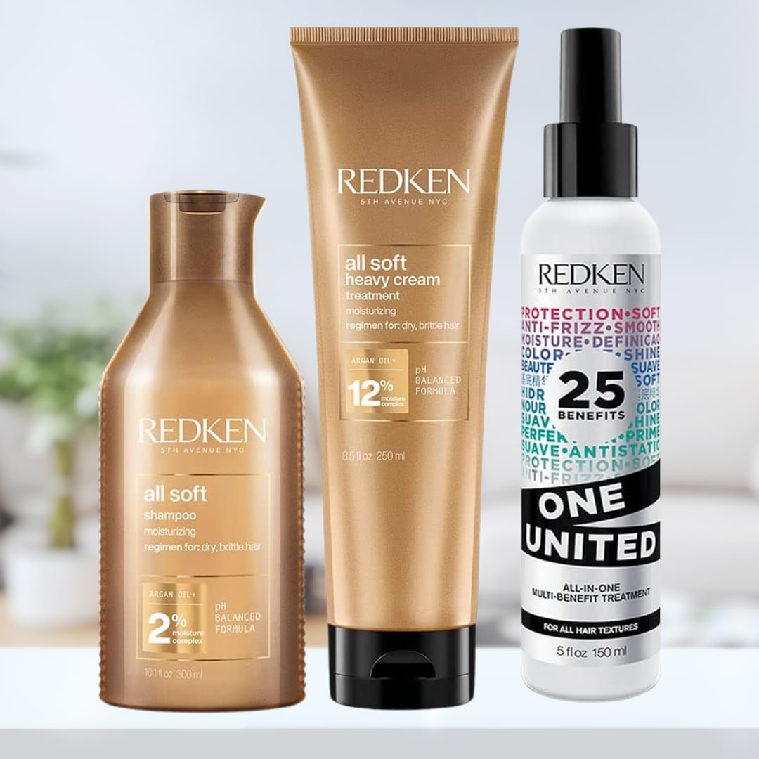 Redken Kit All Soft Shampoo 300ml + All Soft Máscara 250ml + Leave-in Redken One United 150ml | Shampoo Proprociona Brilho e Cabelos Sedosos | Máscara Hidratante Anti-frizz | Leave-in Multibenefícios na Amazon