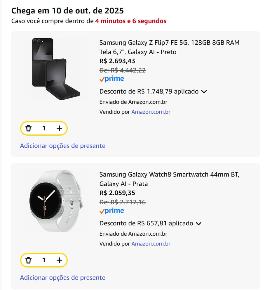 Samsung Galaxy Z Flip7 FE 5G, 128GB 8GB RAM  +  Samsung Galaxy Watch8 Smartwatch 44mm na Amazon