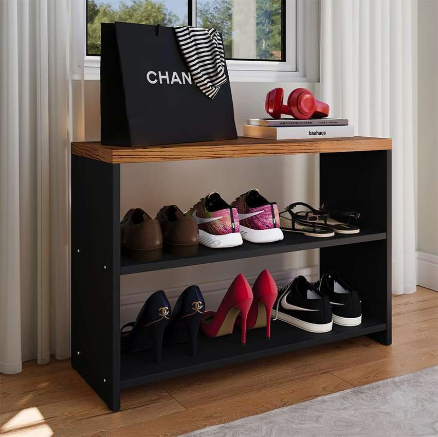 Sapateira Safira Organizadora Calçados Decoração Quarto Hall Entrada Banquinho – Preto/Freijó – RPM Móveis na Amazon