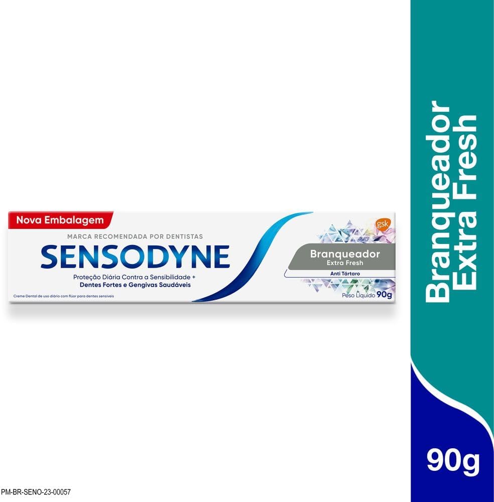 Sensodyne Creme Dental Branqueador Extra Fresh com Flúor, Anti Tártaro, Proteção Diária Contra Sensibilidade, Dentes Fortes e Gengivas Saudáveis, 90g na Amazon