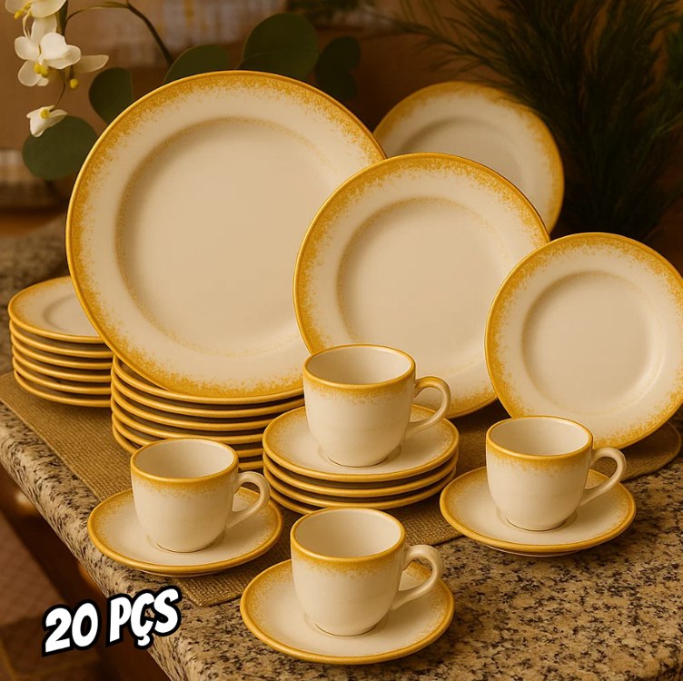Serviço de Jantar e Café 20 Peças em Porcelana, Decoração Névoa Mostarda, Porcelana Schmidt na Amazon