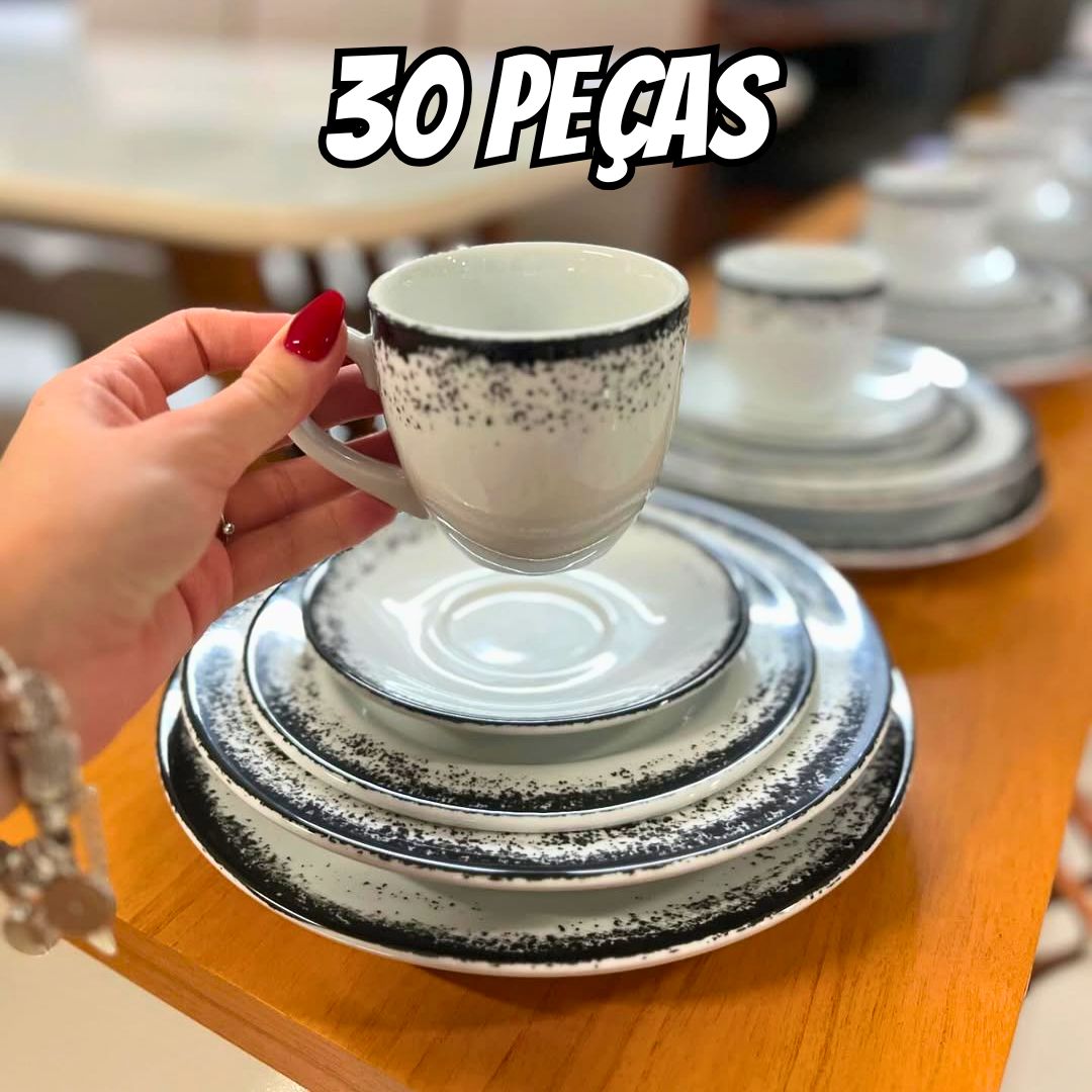 Serviço de Jantar e Café 30 Peças em Porcelana, Decoração Névoa Preto, Porcelana Schmidt na Amazon