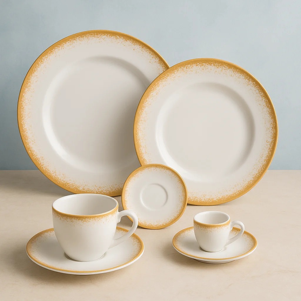 Serviço de Jantar e Chá 20 Peças em Porcelana, Decoração Névoa Mostarda, Porcelana Schmidt na Amazon