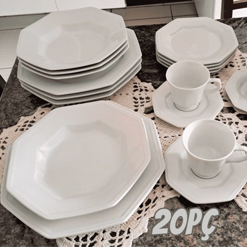 Serviço de Jantar e Chá em Porcelana, 20 Peças, Modelo Octogonal Prisma, Branco, Porcelana Schmidt na Amazon