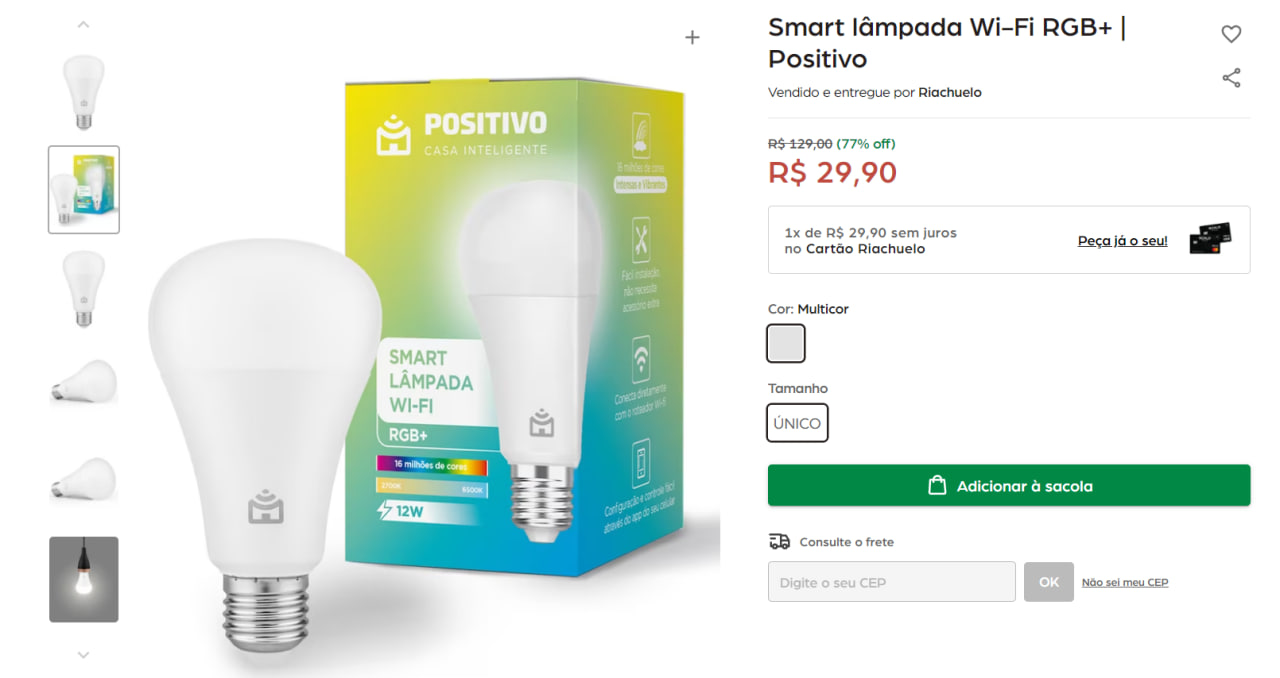 Smart lâmpada Wi-Fi RGB+ | Positivo na Riachuelo
