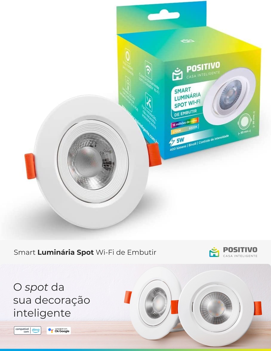 Smart Luminária Spot Wi-Fi de Embutir Positivo Casa Inteligente RGB, Branca, LED, 5W, Bivolt – Compatível com Alexa na Amazon